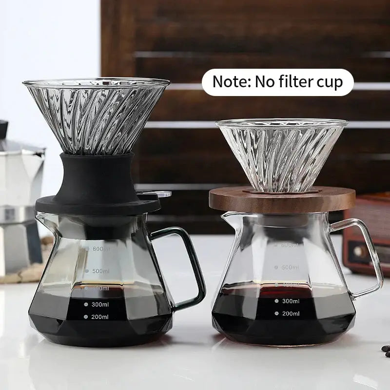 Two octagonal clear glass coffee kettles with faceted drippers and measurement markings for precise brewing decorbites glass coffee