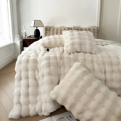 Off-white textured deluxe faux rabbit bedding set with plush quilted faux fur and matching pillows for bedroom decorbites deluxe faux