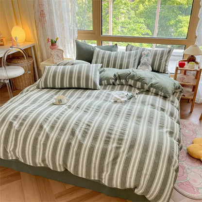 Olive and cream cotton striped bedding set with matching pillows by decorbites for stylish bedroom decor