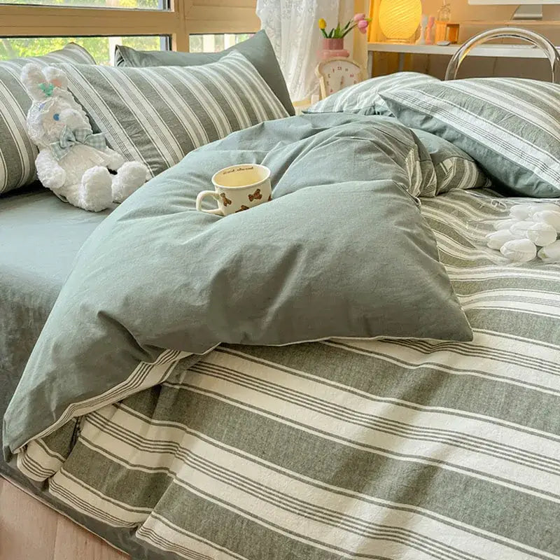 Soft sage green and cream cotton striped bedding set with matching pillows by decorbites cotton striped collection
