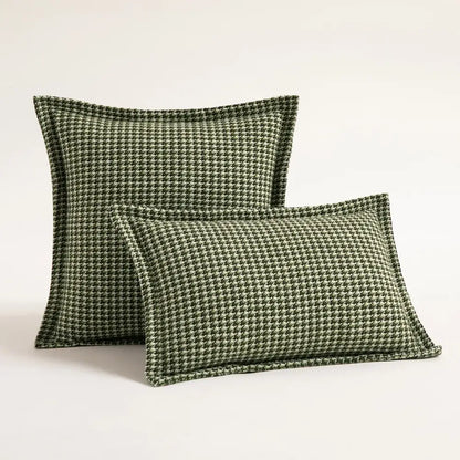 Olive green and cream houndstooth jacquard pillow covers with textured woven fabric for living room decorbites cushion covers
