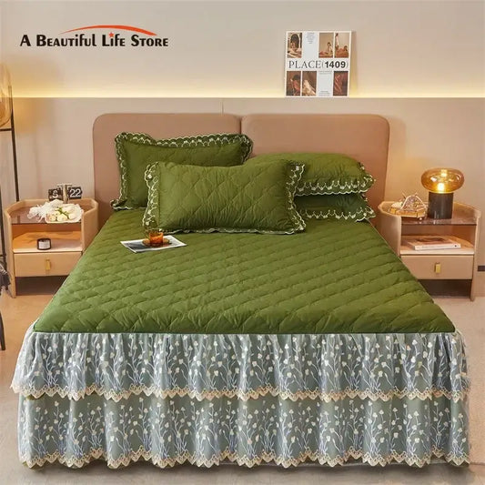 Olive green and white floral quilted bed skirt set with delicate embroidery and lace trim for bedroom decor