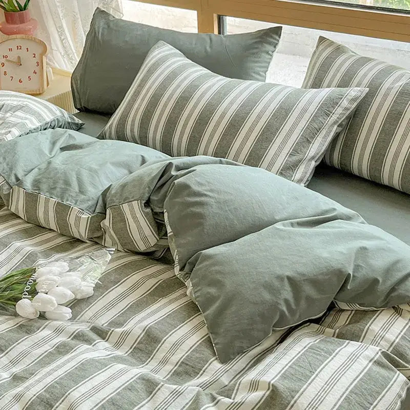 Olive green and cream cozy striped cotton bedding set with soft textured linen finish for decorbites cozy striped quilt kit