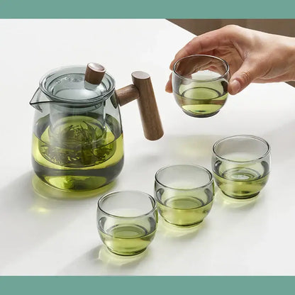 Clear glass teapot with wooden handle and olive green glass tea cup set for kung fu tea decorbites glass tea