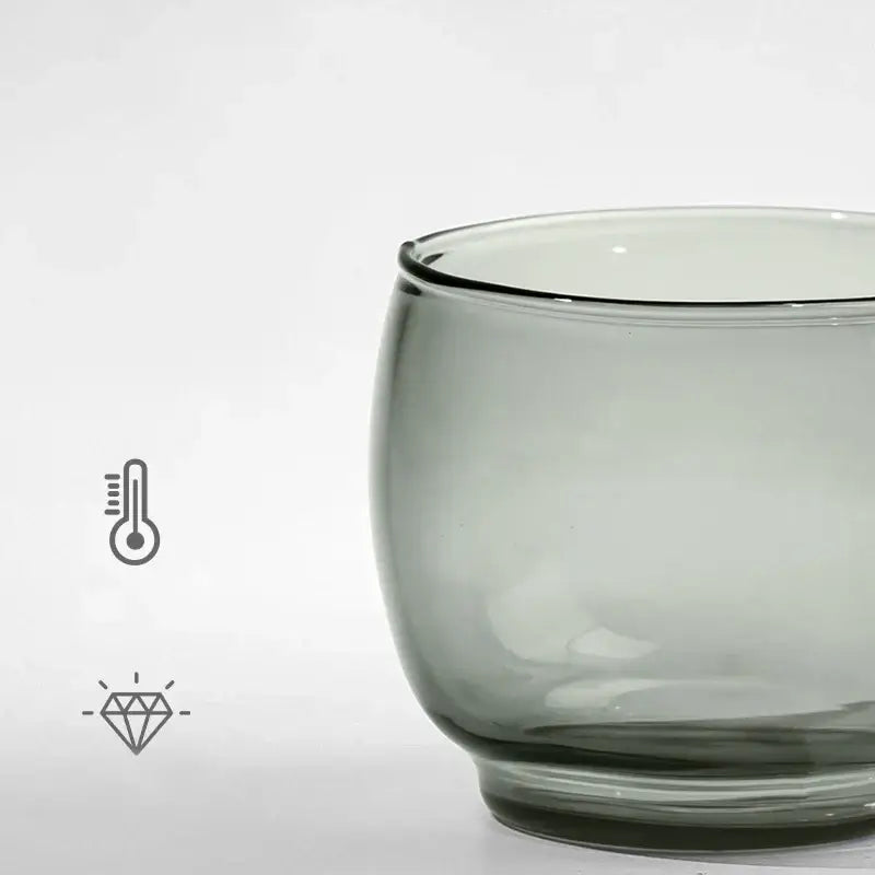 A translucent gray glass tea cup with a smooth rounded body and flared rim from decorbites glass tea cup set