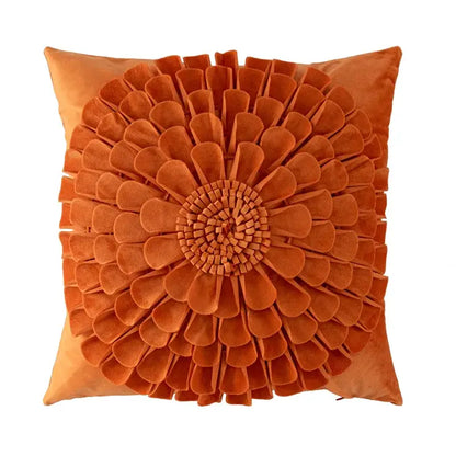 A rust-orange velvet handmade flower cushion cover with layered petals for decorbites living room decor