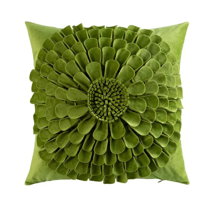 Olive green velvet handmade flower cushion cover with 3D layered petals for living room decor by decorbites