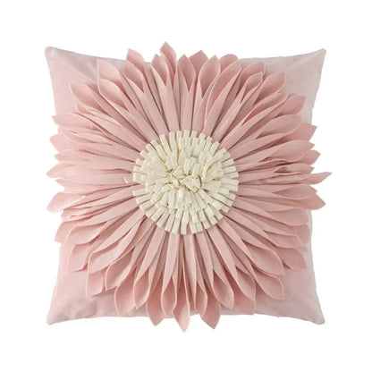 A soft pink decorbites handmade flower cushion cover with layered petals and cream center for living room decor