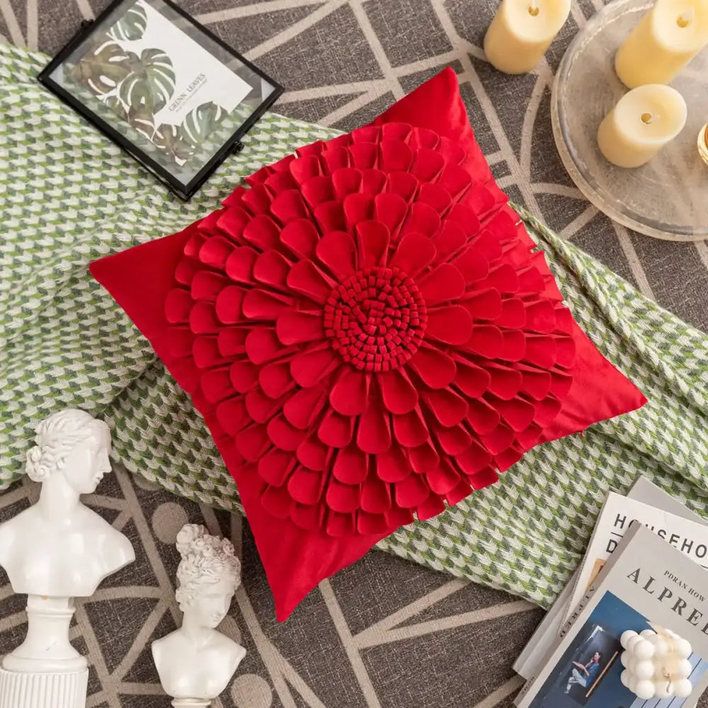 Vibrant red velvet decorbites handmade flower cushion cover with three-dimensional layered petal design for living room decor