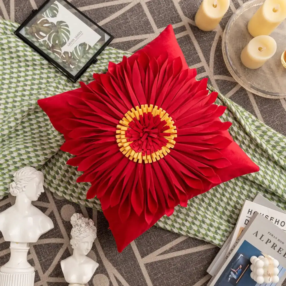 Vibrant red velvet handmade flower cushion with layered petals and yellow center for olive green cushion cover decorbites decor
