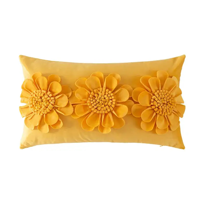 Yellow rectangular handmade flower cushion cover with three-dimensional floral appliqués for living room decorbites decor
