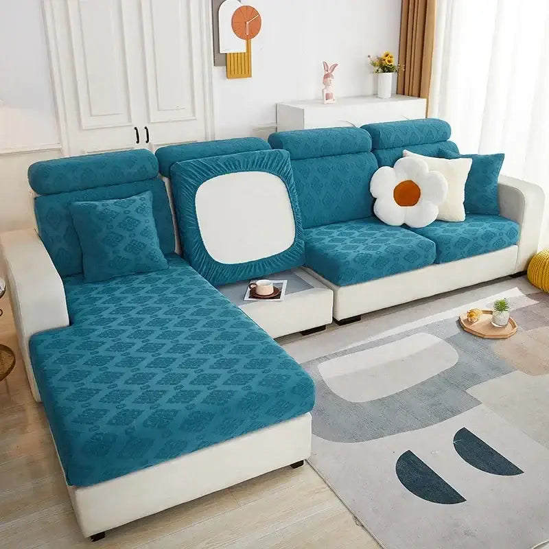 Teal patterned jacquard sofa seat cover with a white square cutout on the backrest for living room protector