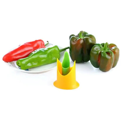 Yellow plastic vegetable cutter corer with green inner core for efficient cutter corer seed removal in kitchen use