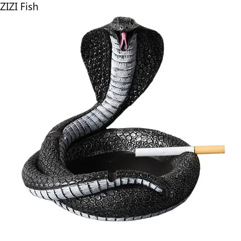 Black cobra ashtray resin craft with textured scales and pink tongue holding cigarette for office decor by decorbites