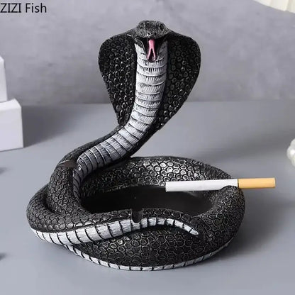 Black and silver cobra ashtray resin with detailed scales raised hood and open mouth pink tongue decorbites cobra ashtray