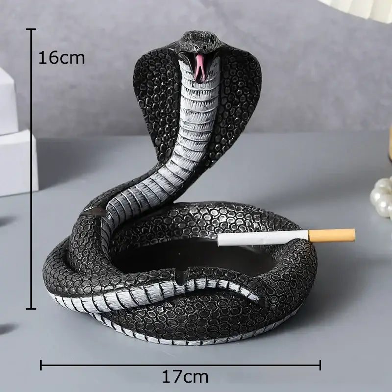Black and silver cobra ashtray resin with detailed scales and open mouth for cigarette use by decorbites cobra ashtray