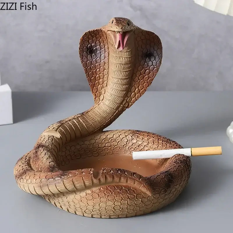 Brown cobra ashtray resin with detailed scales and open mouth featuring a cigarette for decorbites cobra ashtray office decor