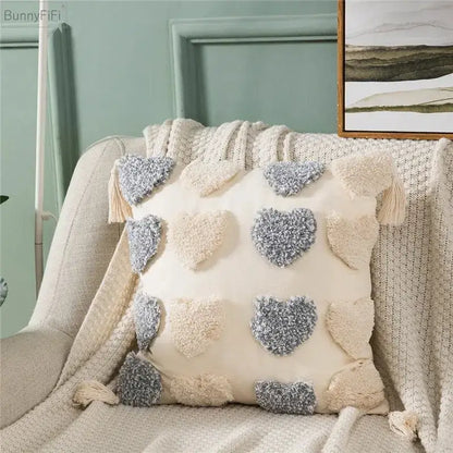 Cream and gray pom-pom heart embroidery cushion cover with tassels perfect for living room decorbites heart embroidery decor