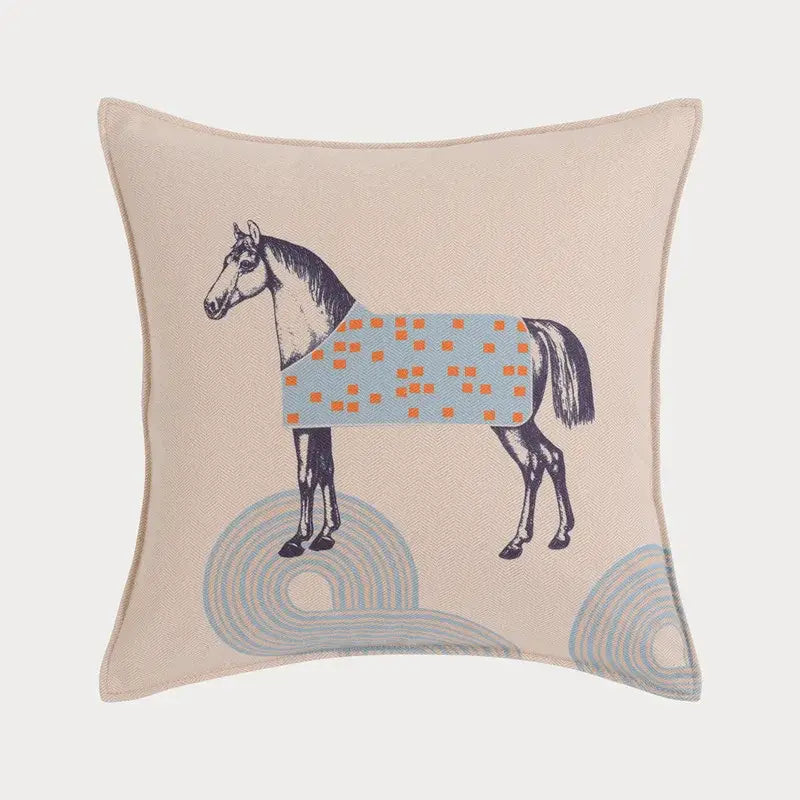 Beige decorbites 45x45 square throw pillowcase with navy horse outline and orange patterned blanket for living room decor