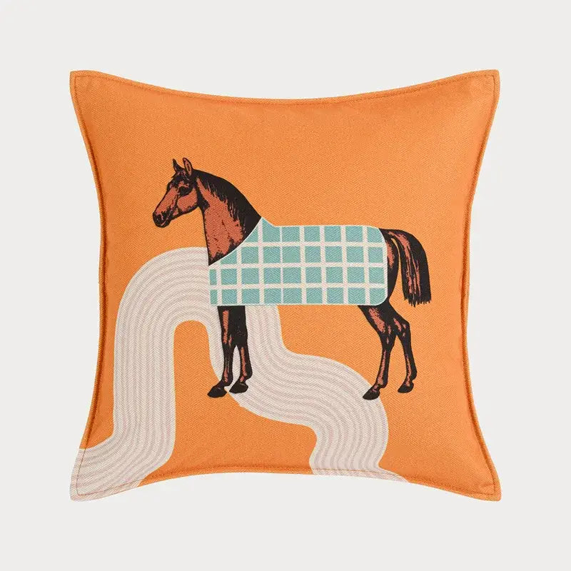 Orange horse 45x45 square throw pillowcase with brown horse illustration on living room decorbites 45x45 square cushion