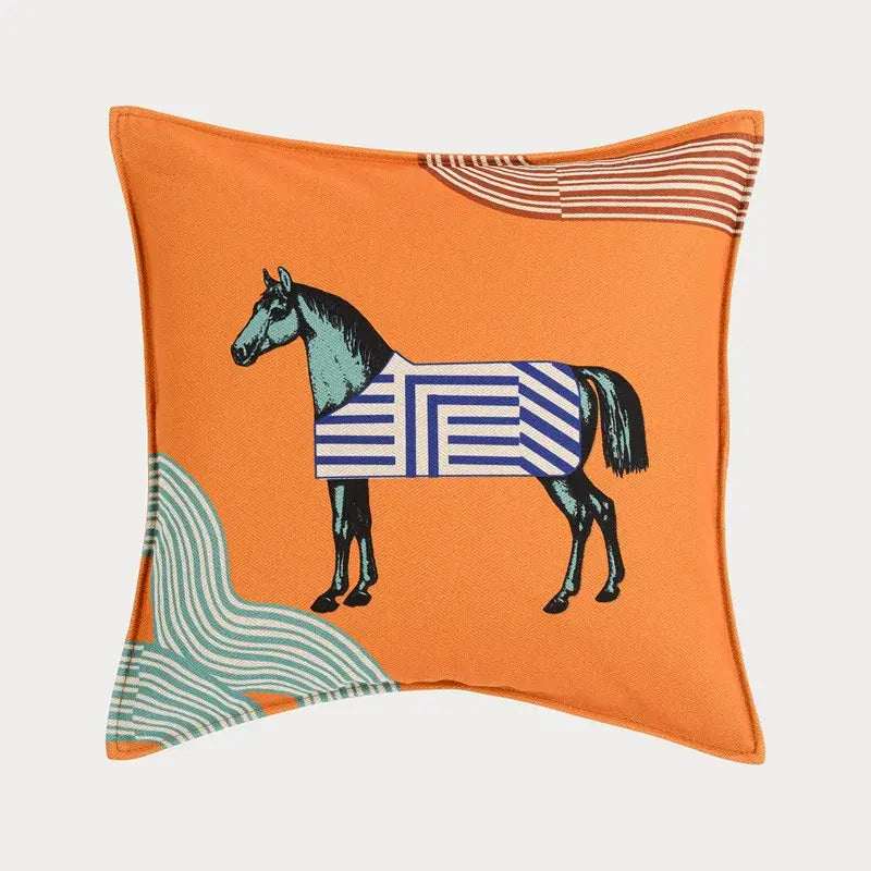 Orange horse 45x45 square throw pillowcase featuring teal stylized horse and abstract waves for living room decorbites 45x45 square
