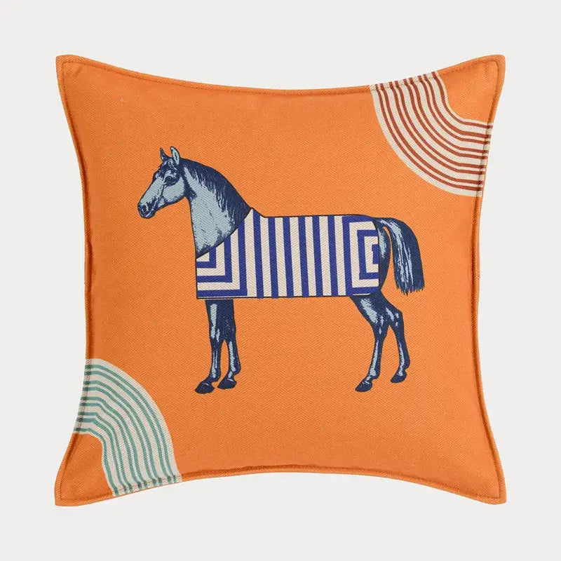 Orange horse 45x45 square throw pillowcase with navy blue and white striped horse design for living room decorbites 45x45 square