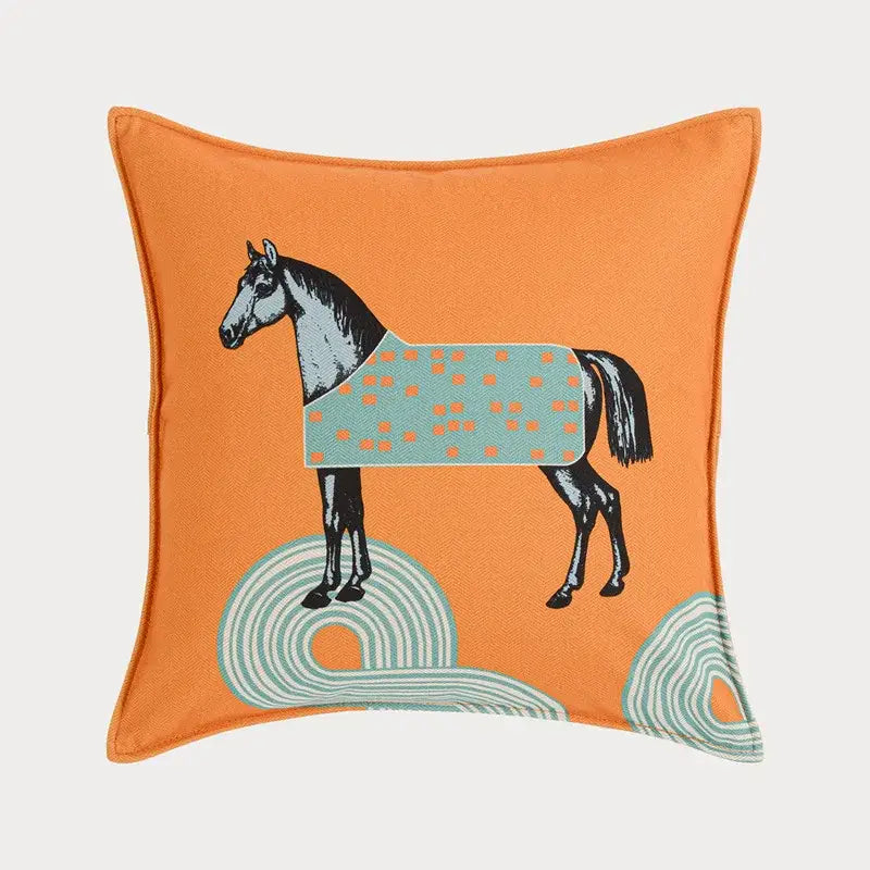 Orange horse 45x45 square throw pillowcase with stylized black horse and teal polka dot blanket for living room decorbites 45x45 square