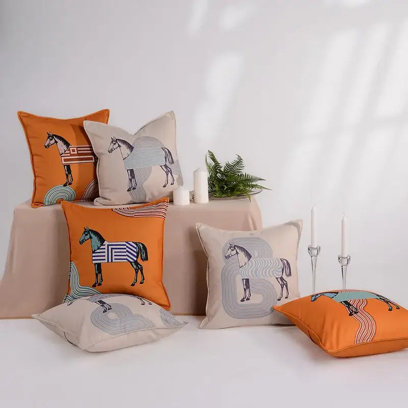 Orange horse 45x45 square throw pillowcase with teal and navy horse design on orange for living room decorbites decor