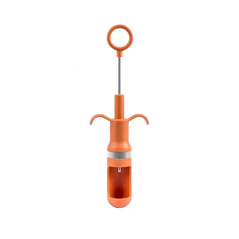 Orange plastic apple corer with metal stem and ring handle designed as a cherry pitter fruit core remover tool