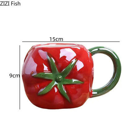 Orange pumpkin fruit ceramic cup with vibrant red glossy tomato design and green handle colorful fruit ceramic decorbites