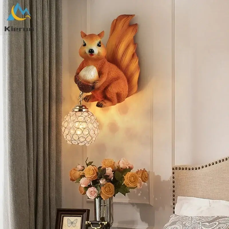 Orange resin squirrel wall lamp with crystal globe lampshade decorbites crystal led wall sconce for bedroom decor