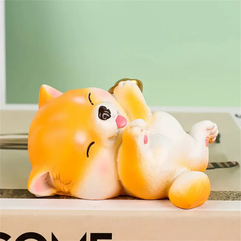 Cute orange and white resin shiba inu dog figurine miniature with closed eyes for decorbites dog figurine set bedroom decor