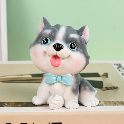 Cute gray and white husky puppy dog figurine miniature with turquoise bow tie from decorbites dog figurine miniatures set