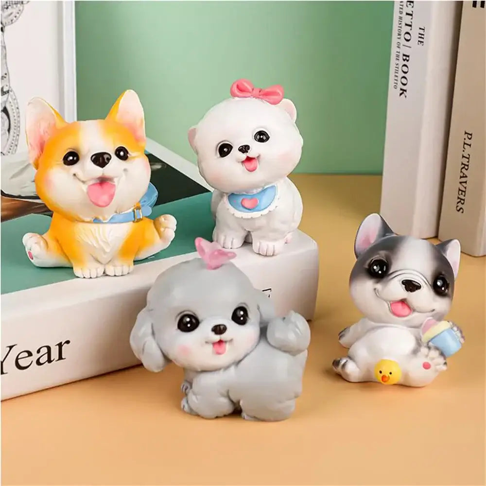 Orange and white corgi dog figurine miniatures resin decorbites dog figurine for bedroom decor with colorful puppy set