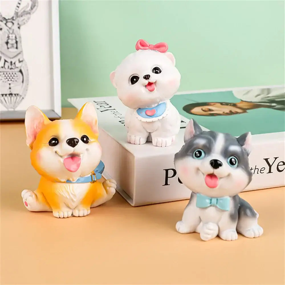 Three adorable resin dog figurine miniatures featuring an orange and white corgi with bedroom decorbites accents