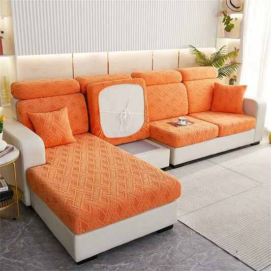 Orange and white jacquard velvet sofa seat covers with textured fabric and white panel on backrest for living room protector