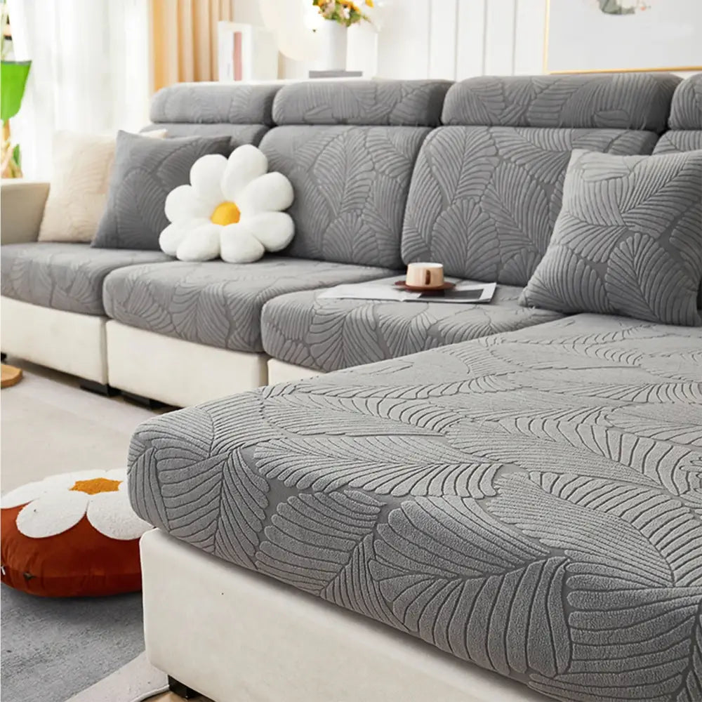 Gray leaf-patterned jacquard stretch sofa cover with soft textured fabric for living room protector use