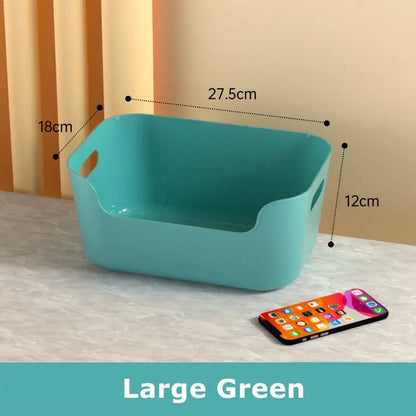 Large green plastic storage box with integrated handles designed as a decorbites desktop storage basket organizer