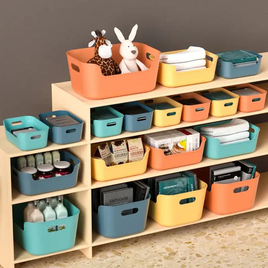 Orange yellow and teal plastic desktop storage basket with integrated handles for decorbites desktop storage organizer