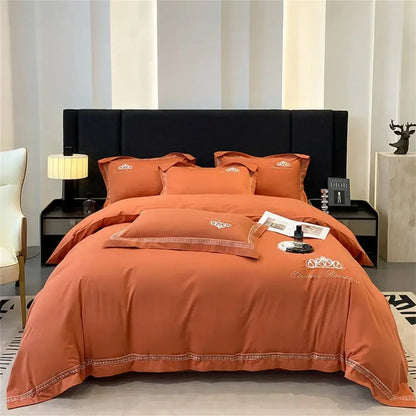 Orchid satin bedding set with gold embroidery and blessed romance script made from decorbites 1200tc egyptian cotton