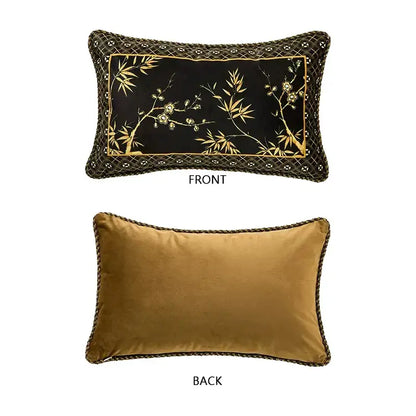 Rectangular velvet pillow covers with gold embroidered bamboo black gold design and solid mustard-yellow back for decorbites bamboo black decor