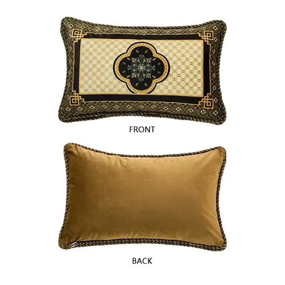 Rectangular pillow cover with gold velvet back and ornate black cream gold bamboo black gold embroidered front decorbites design