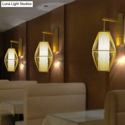 Oriental bamboo woven wall lamp with golden bamboo wall sconces and beige vertically ribbed shades for e26 e27 bulbs