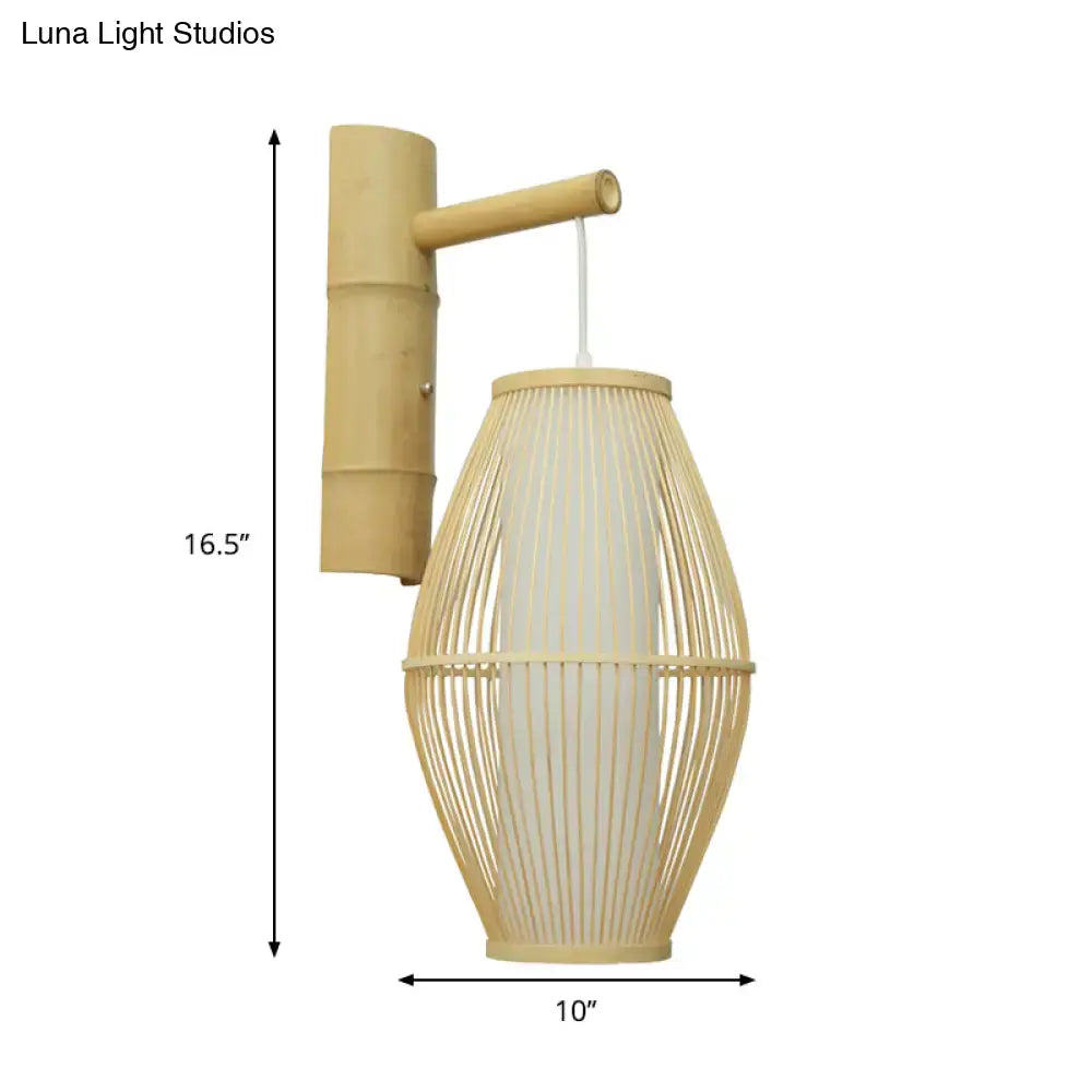 Natural bamboo woven wall lamp with a beige rattan shade for bedroom use compatible with e26 e27 bulbs
