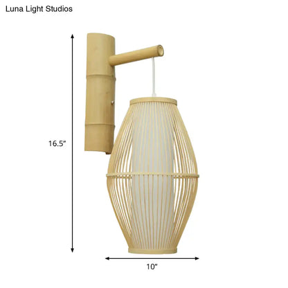 Natural bamboo woven wall lamp with a beige rattan shade for bedroom use compatible with e26 e27 bulbs