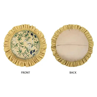 Oriental beige autum orchid velvet lumbar pillow cover with circular shape and ruffled mustard-yellow border featuring embroidered botanical design