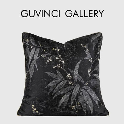 Black velvet pillow cover with silver leaf and berry embroidery featuring oriental gold floral jacquard design for living room decor