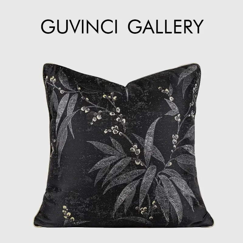Black velvet pillow cover with silver leaf and berry embroidery featuring oriental gold floral jacquard design for living room decor
