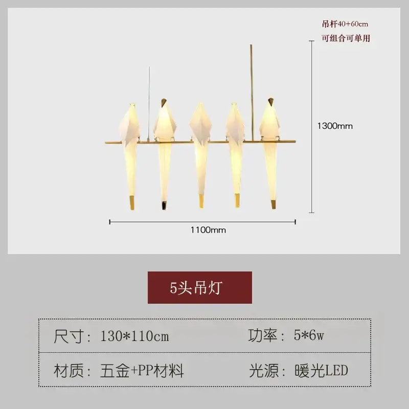 Five-head origami crane bird design led pendant light with golden metal and white pp for dining room decorbites bird design