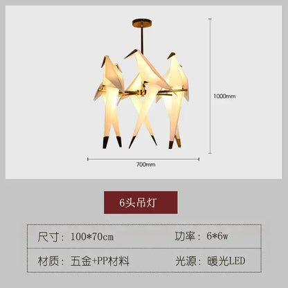 Gold-toned origami crane bird design led pendant light with six illuminated paper-like figures for dining room decorbites bird design